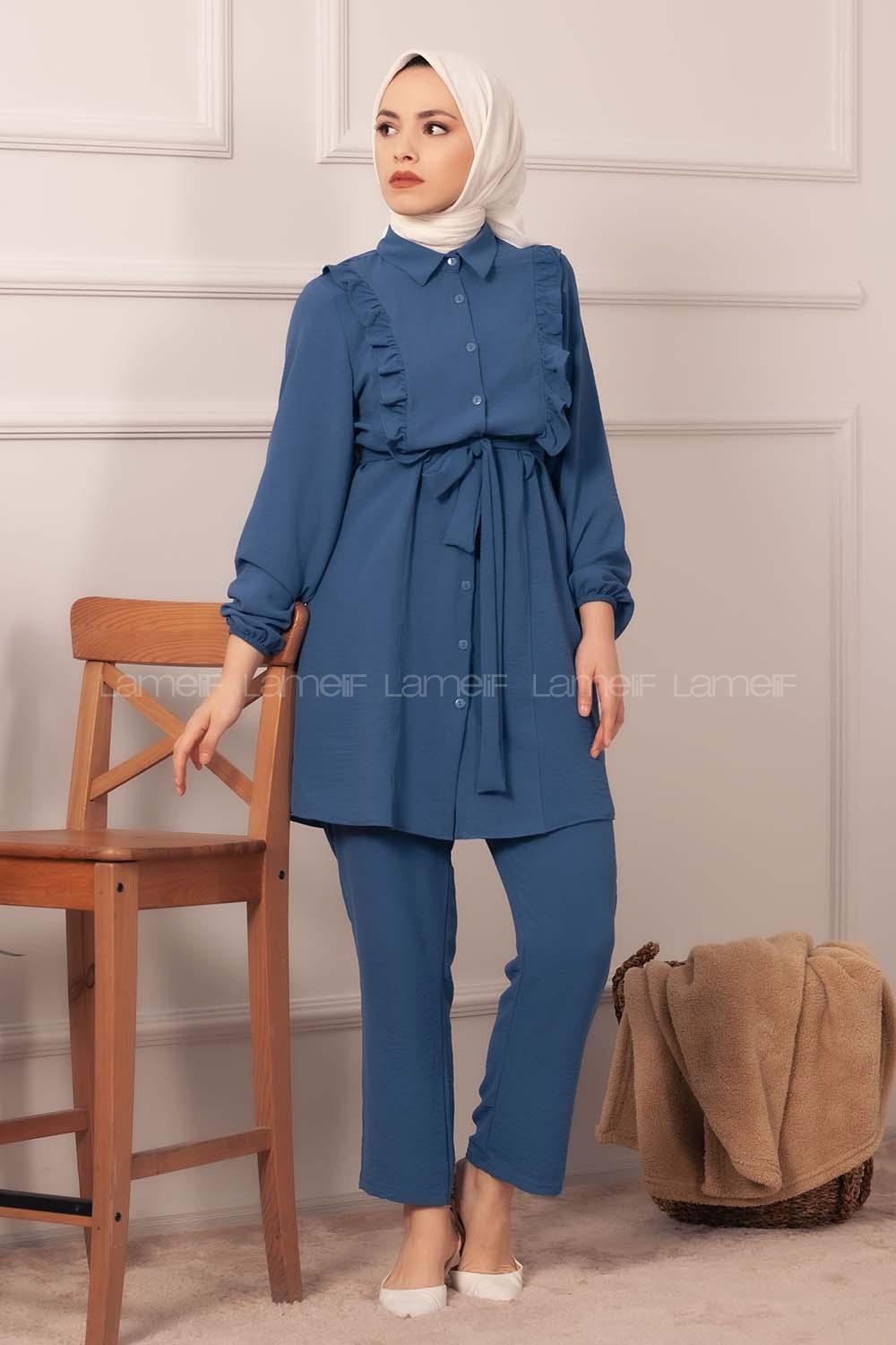 Modalamelif  Önü Fırfırlı İkili Takım İndigo