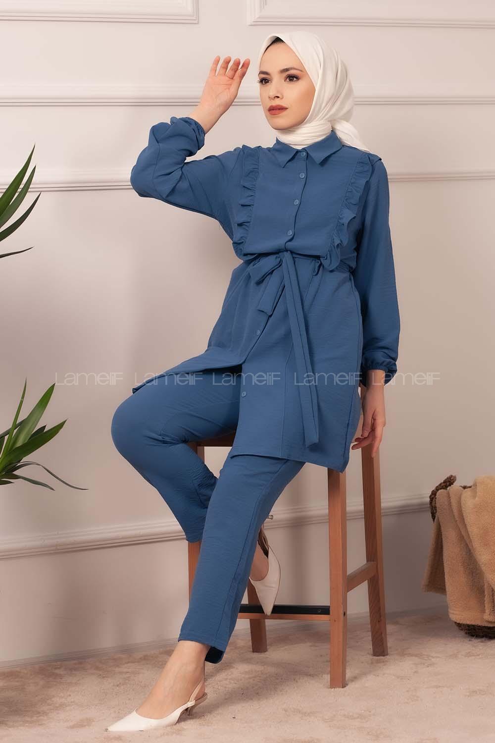 Modalamelif  Önü Fırfırlı İkili Takım İndigo