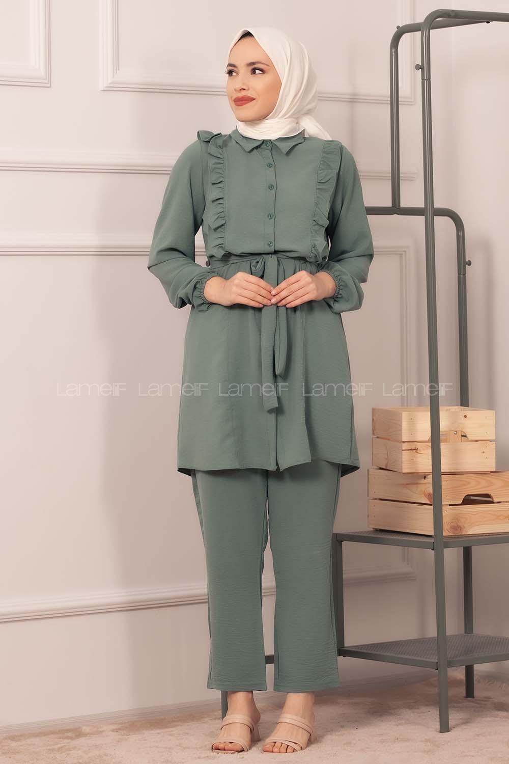 Modalamelif  Önü Fırfırlı İkili Takım Pastel Yeşili