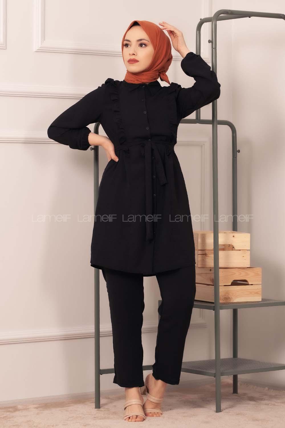 Modalamelif  Önü Fırfırlı İkili Takım Siyah