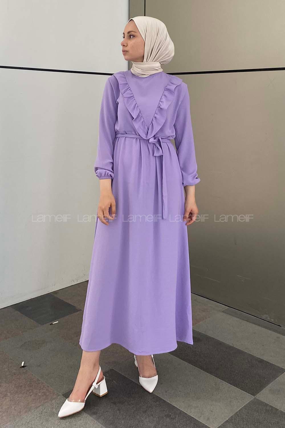 Modalamelif Önü Fırfırlı Kuşaklı Elbise Lila