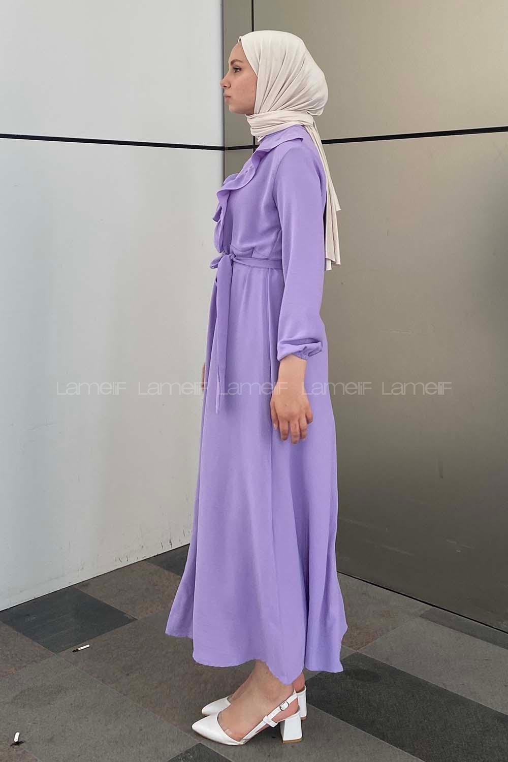 Modalamelif Önü Fırfırlı Kuşaklı Elbise Lila