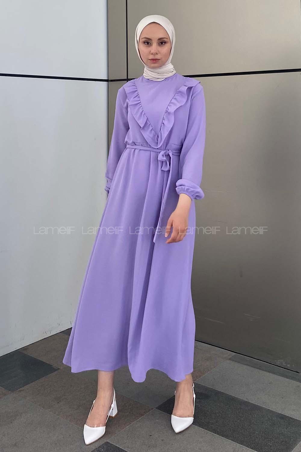Modalamelif Önü Fırfırlı Kuşaklı Elbise Lila