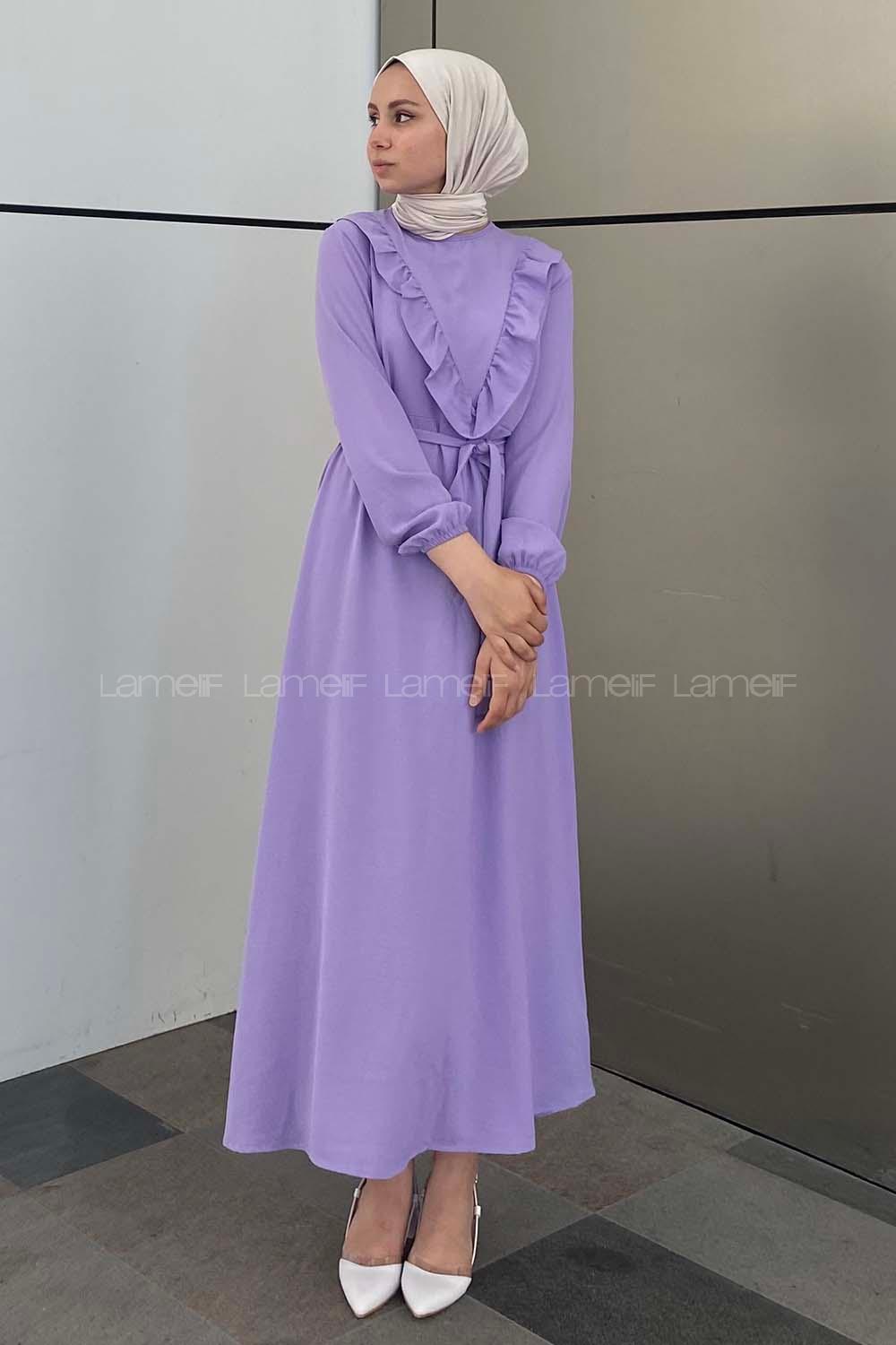 Modalamelif Önü Fırfırlı Kuşaklı Elbise Lila