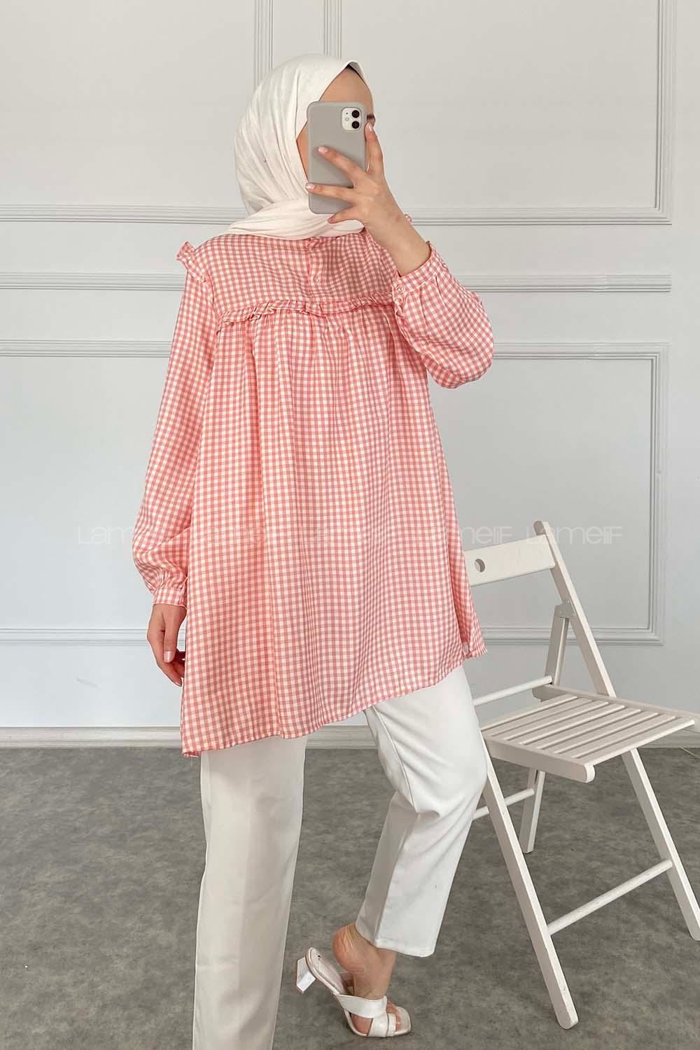 Modalamelif Önü Fırfırlı Pötikare Tunik Gül