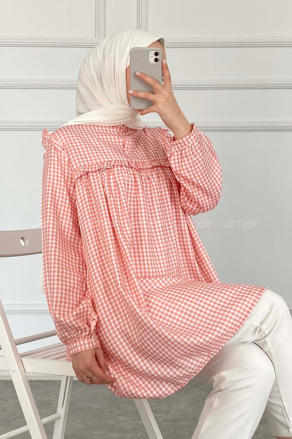 Modalamelif Önü Fırfırlı Pötikare Tunik Gül