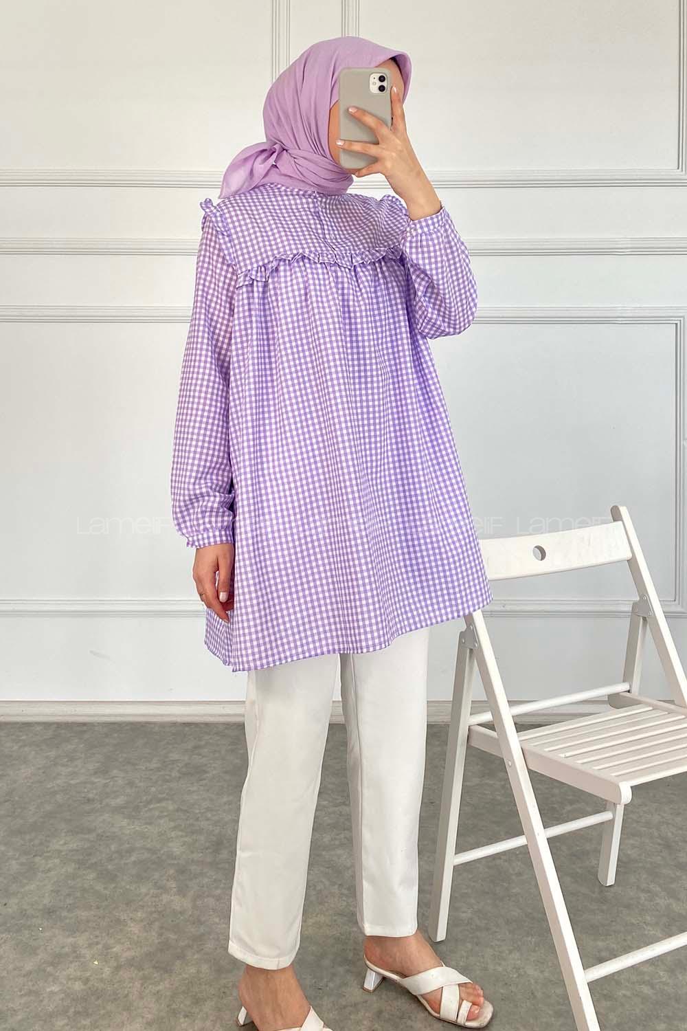 Modalamelif Önü Fırfırlı Pötikare Tunik Lila