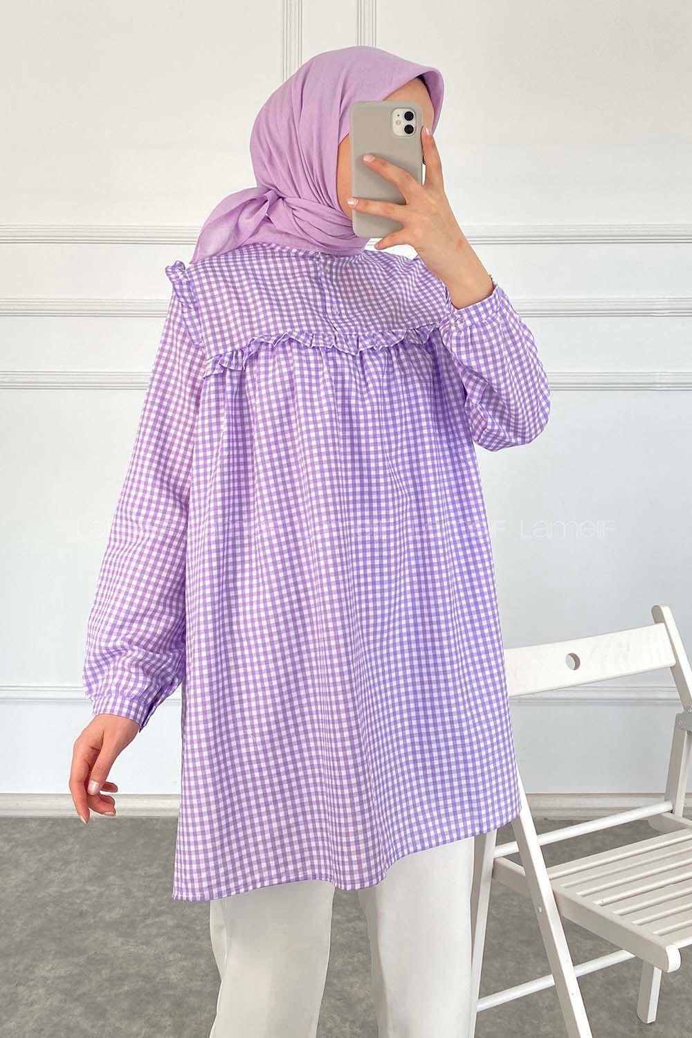 Modalamelif Önü Fırfırlı Pötikare Tunik Lila