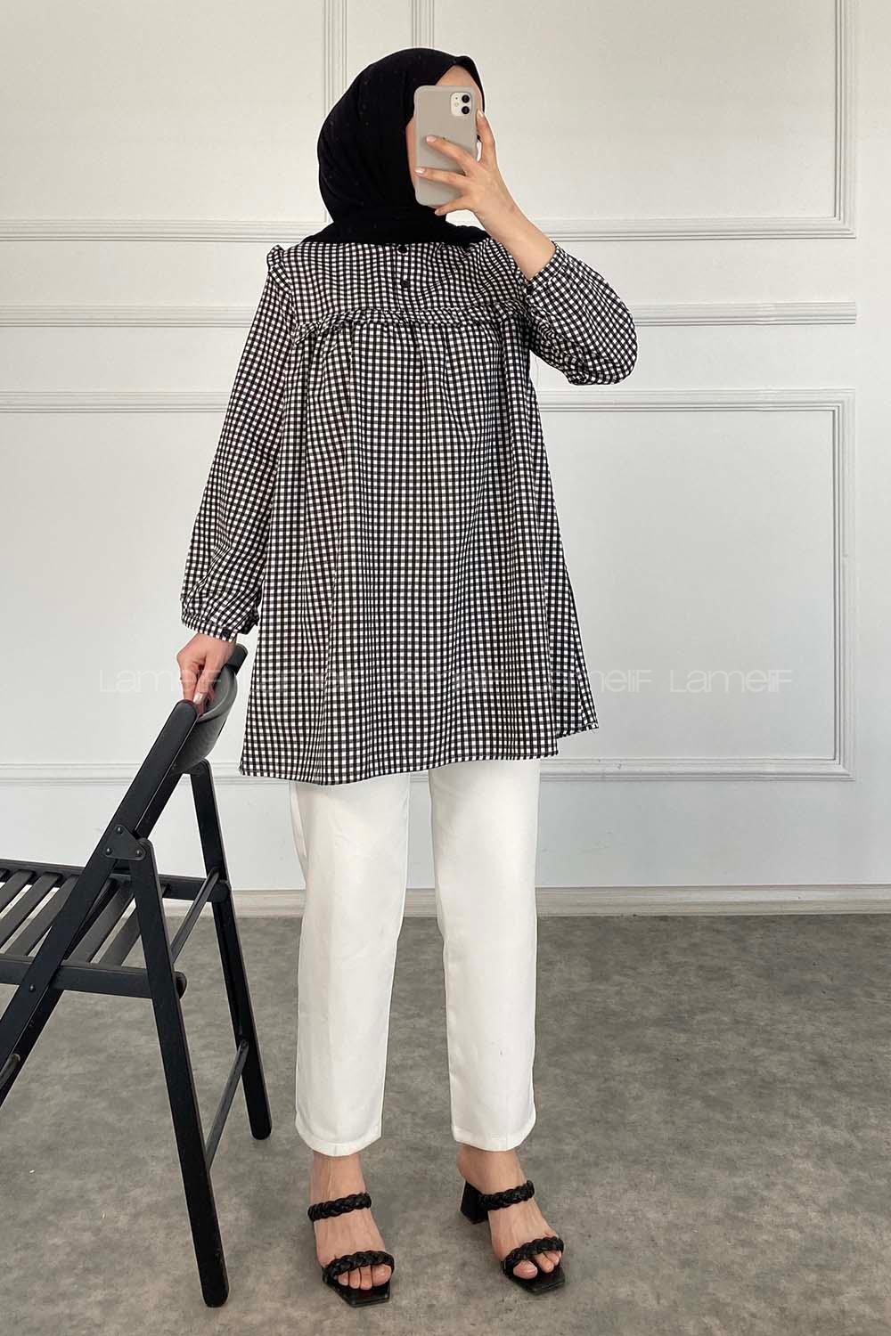 Modalamelif Önü Fırfırlı Pötikare Tunik Siyah