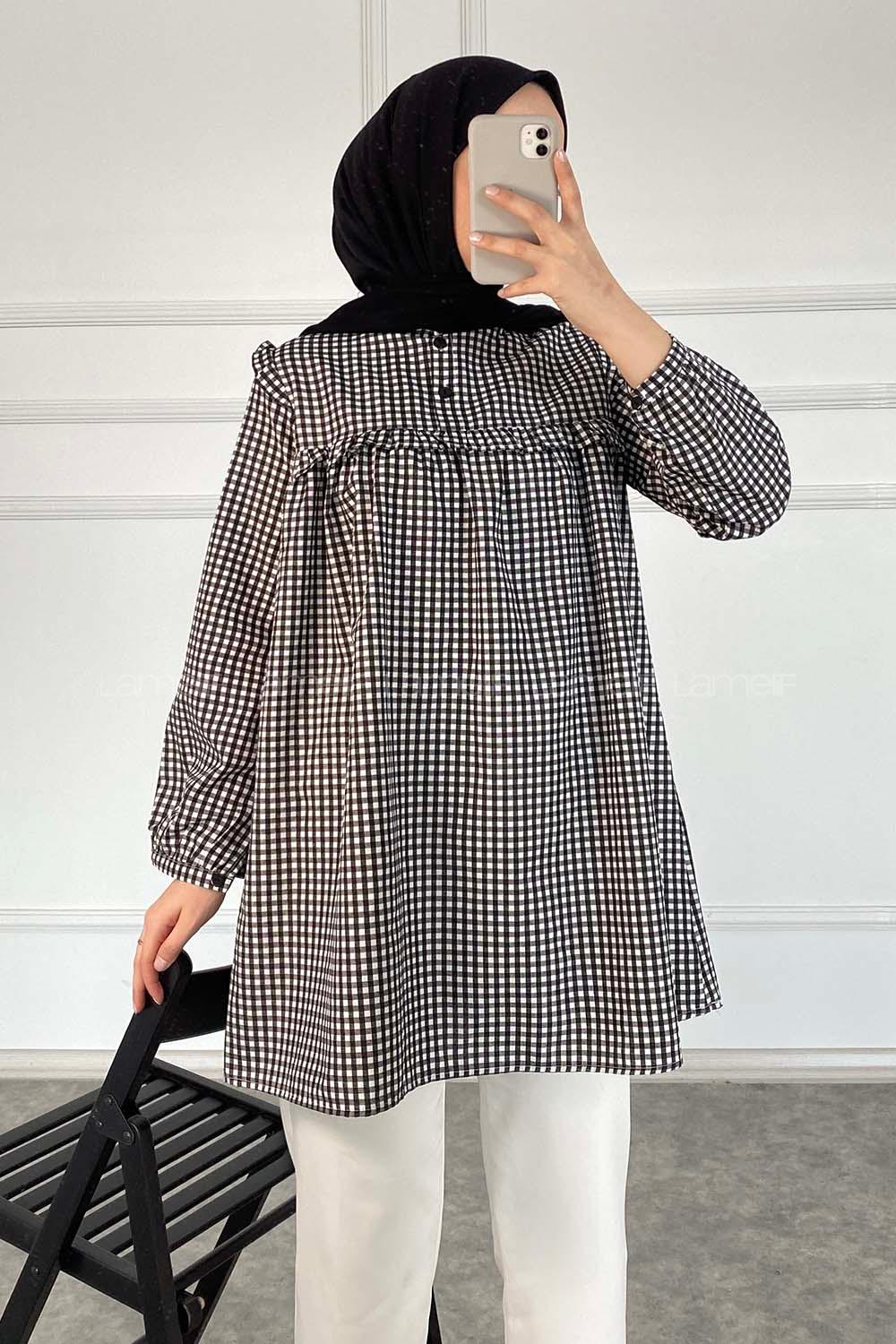 Modalamelif Önü Fırfırlı Pötikare Tunik Siyah