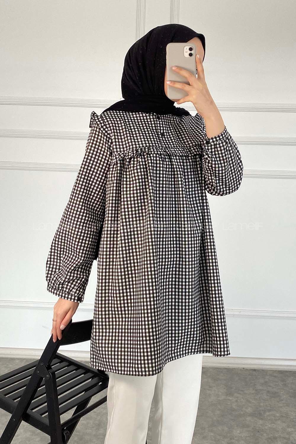 Modalamelif Önü Fırfırlı Pötikare Tunik Siyah