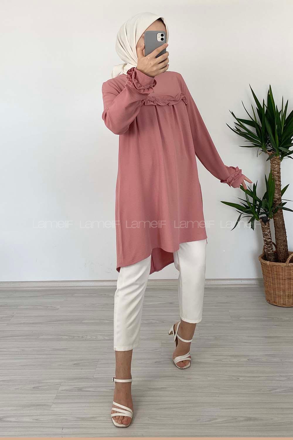 Modalamelif Önü Fırfırlı Tunik Pudra