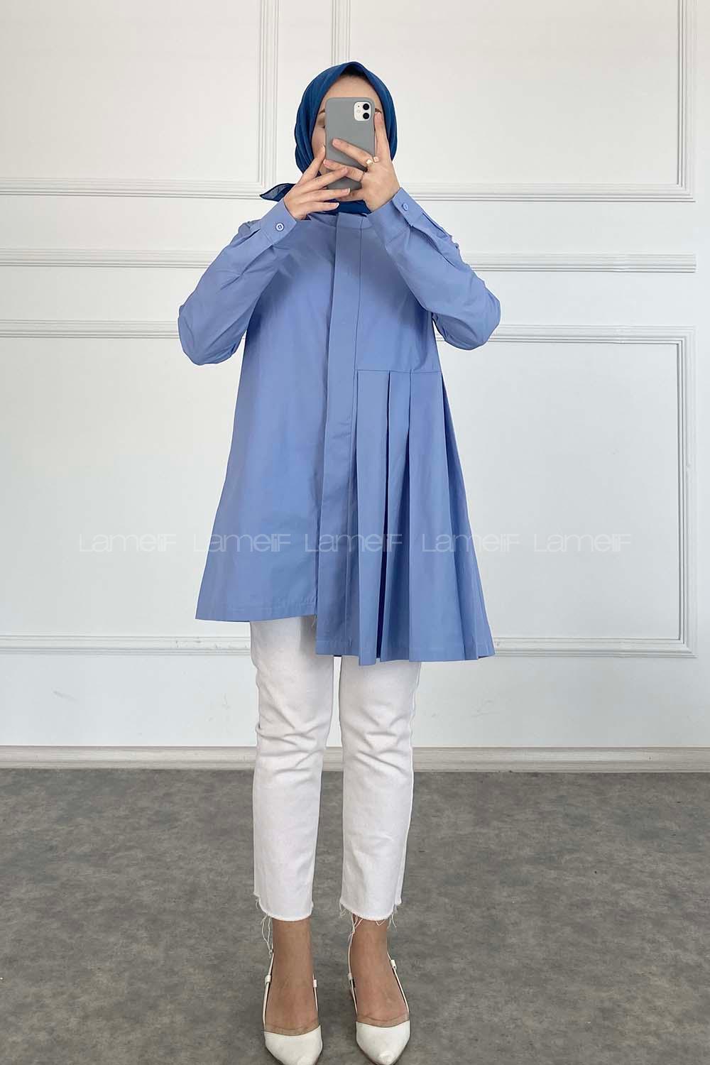 Modalamelif Önü Gizli Düğmeli Pileli Tunik Açık Mavi