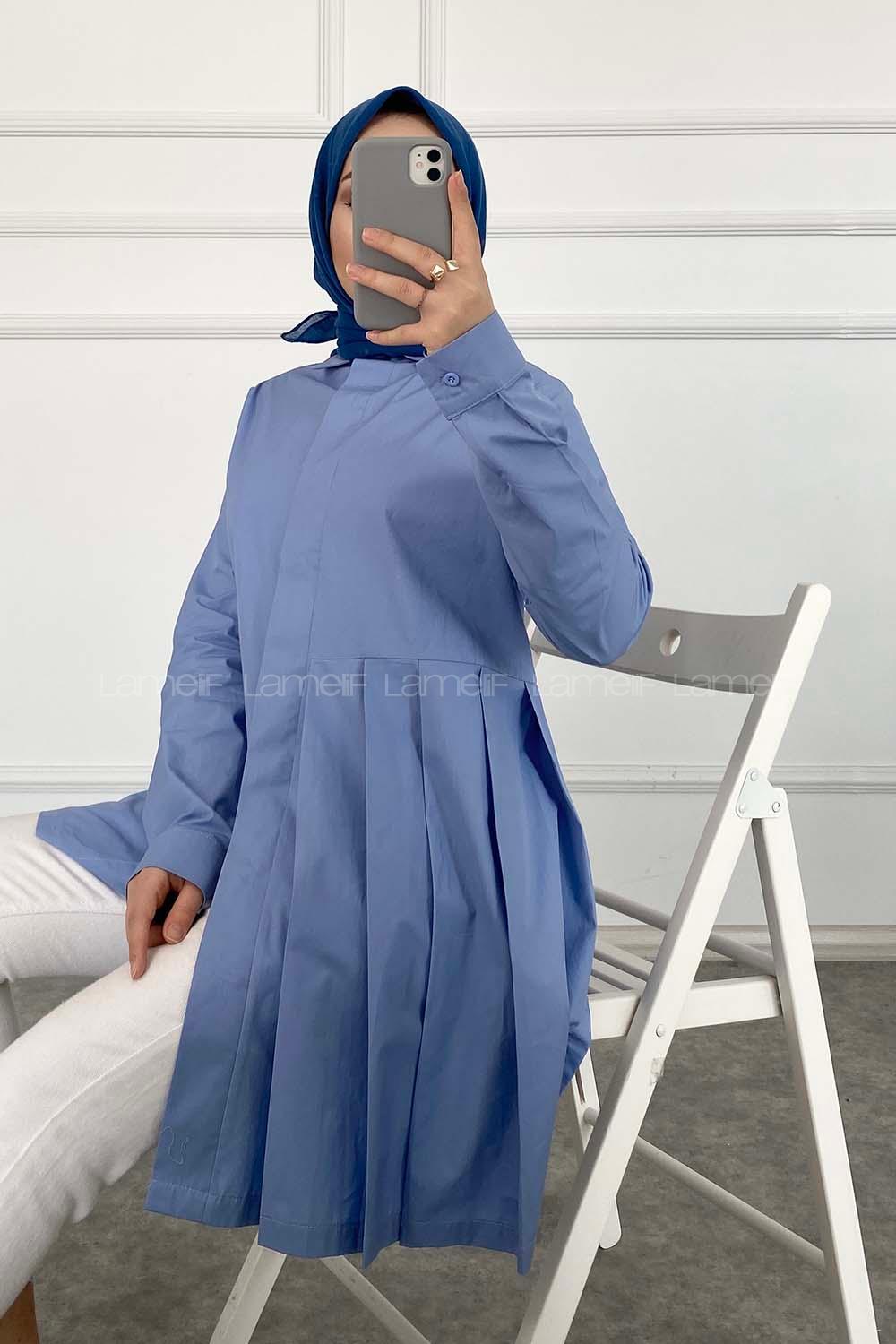 Modalamelif Önü Gizli Düğmeli Pileli Tunik Açık Mavi