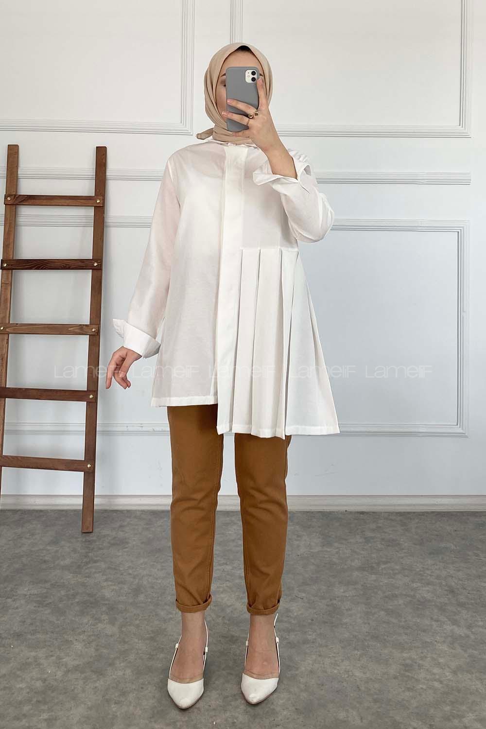 Modalamelif Önü Gizli Düğmeli Pileli Tunik Beyaz