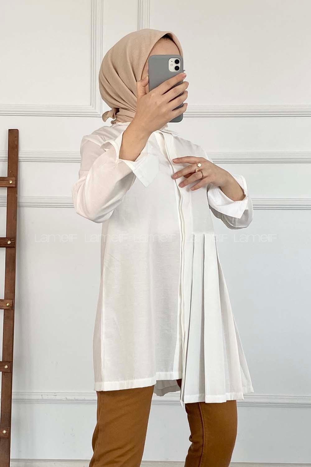 Modalamelif Önü Gizli Düğmeli Pileli Tunik Beyaz