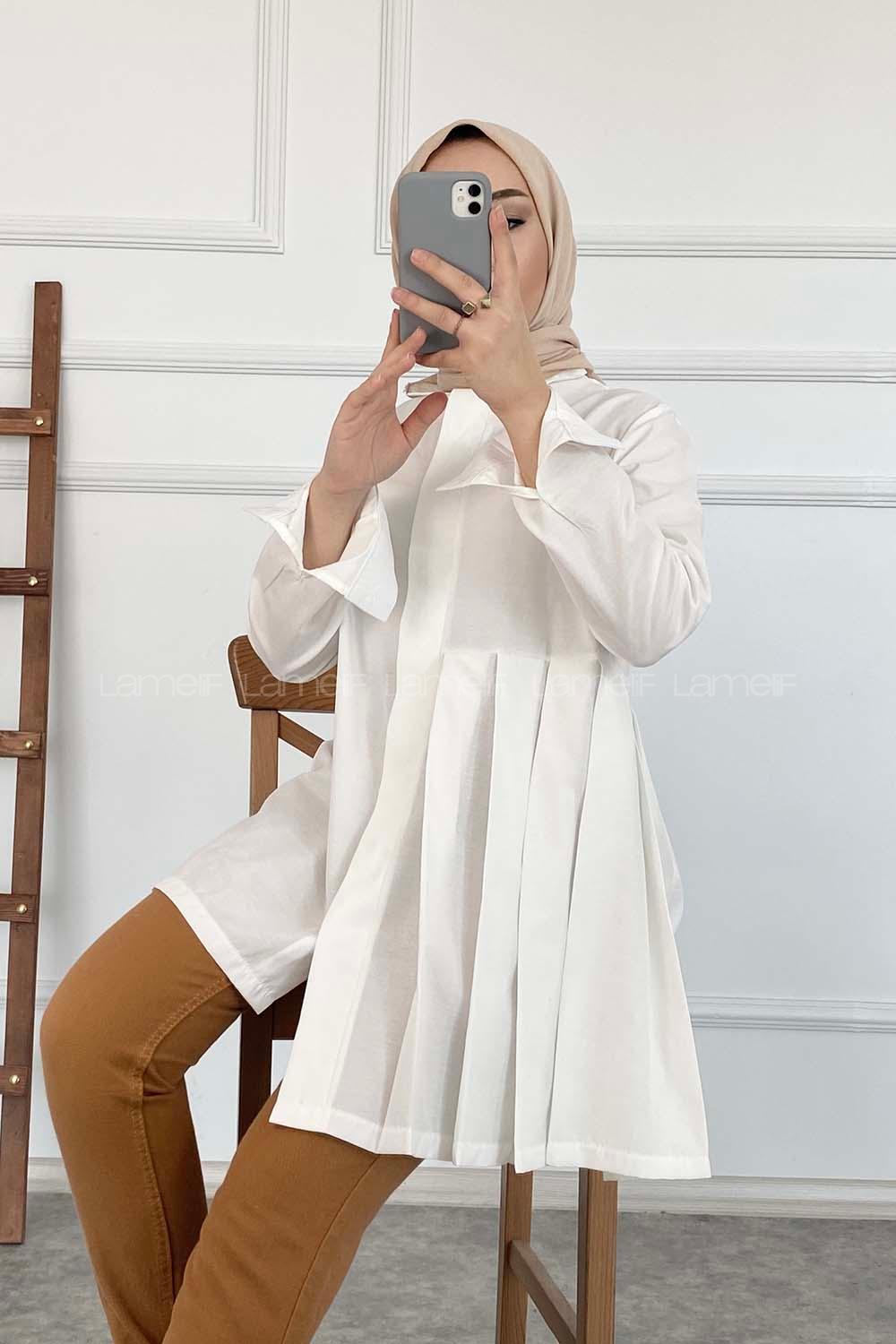 Modalamelif Önü Gizli Düğmeli Pileli Tunik Beyaz