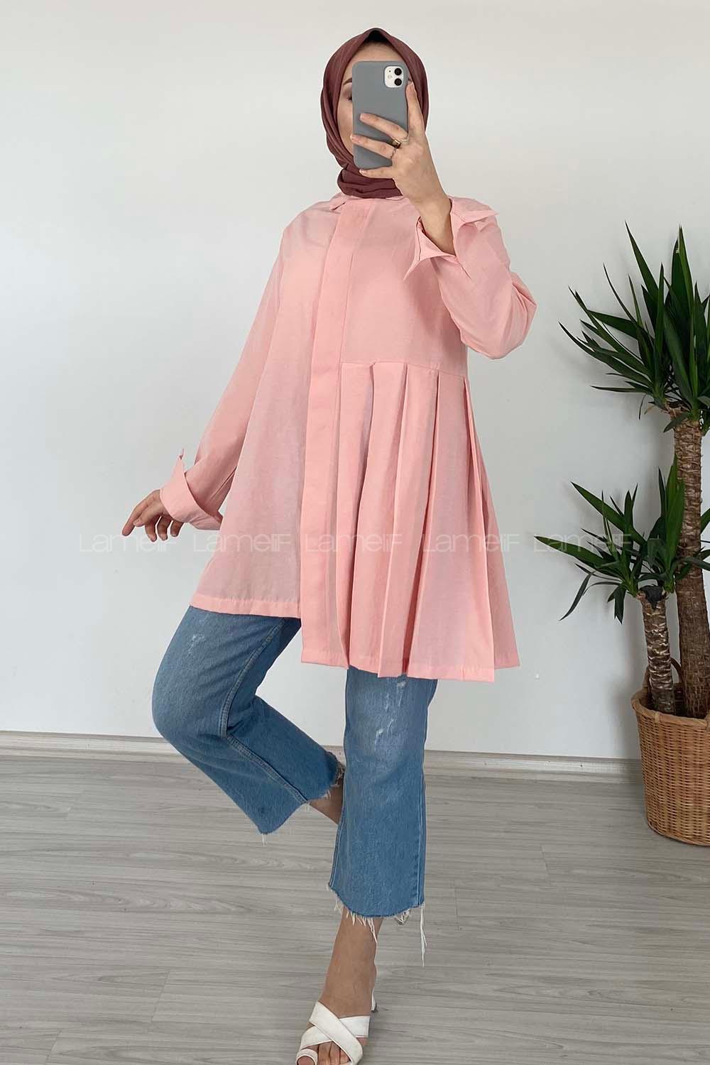 Modalamelif Önü Gizli Düğmeli Pileli Tunik Pudra