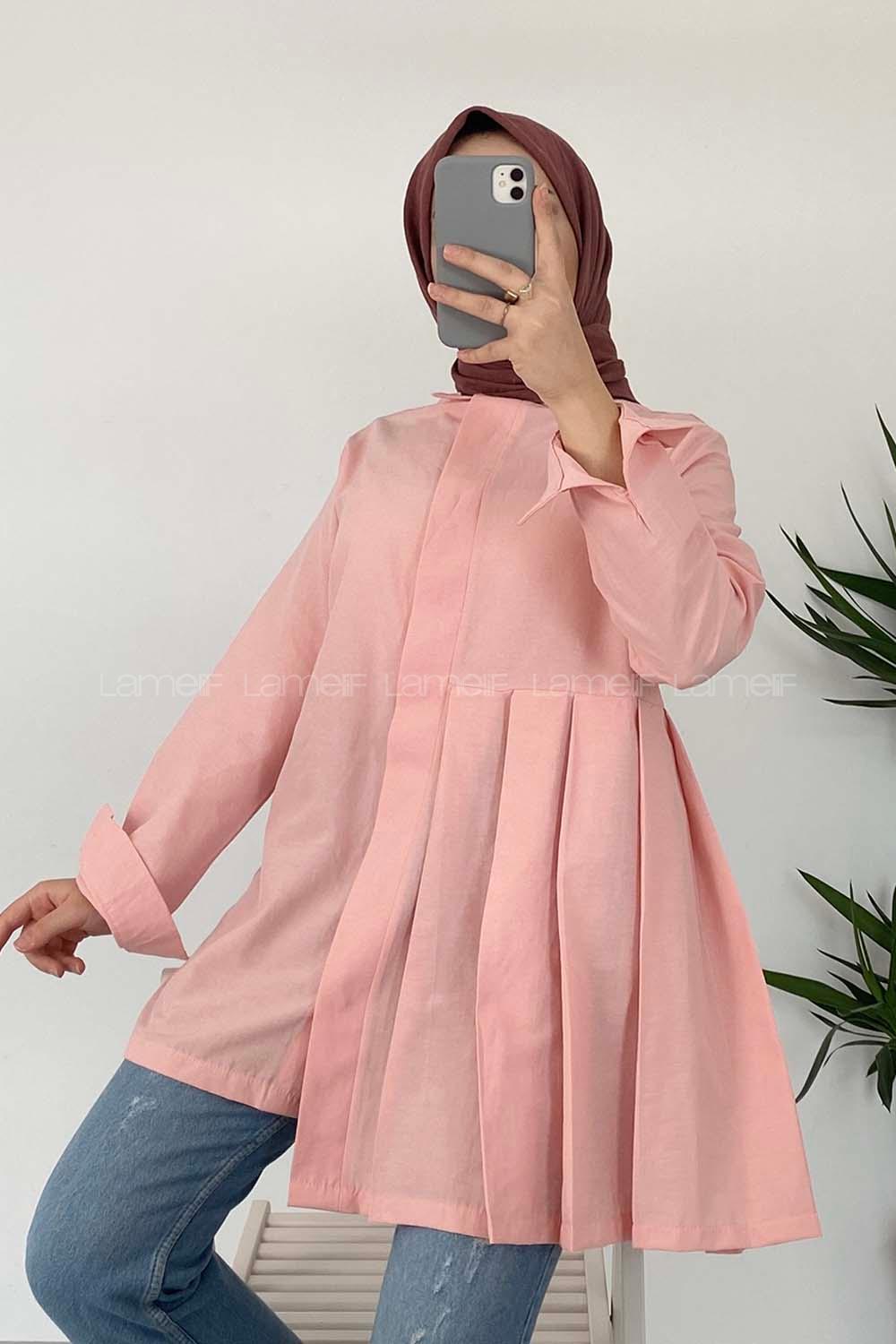 Modalamelif Önü Gizli Düğmeli Pileli Tunik Pudra
