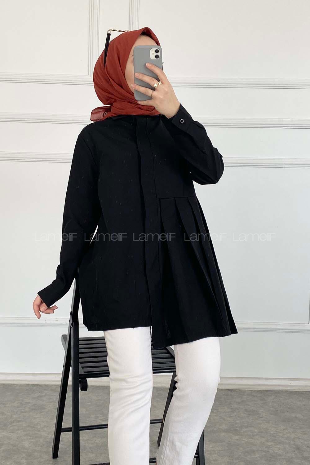 Modalamelif Önü Gizli Düğmeli Pileli Tunik Siyah