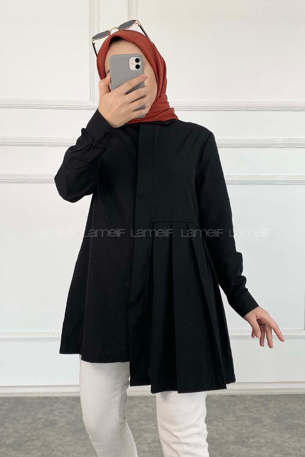 Modalamelif Önü Gizli Düğmeli Pileli Tunik Siyah