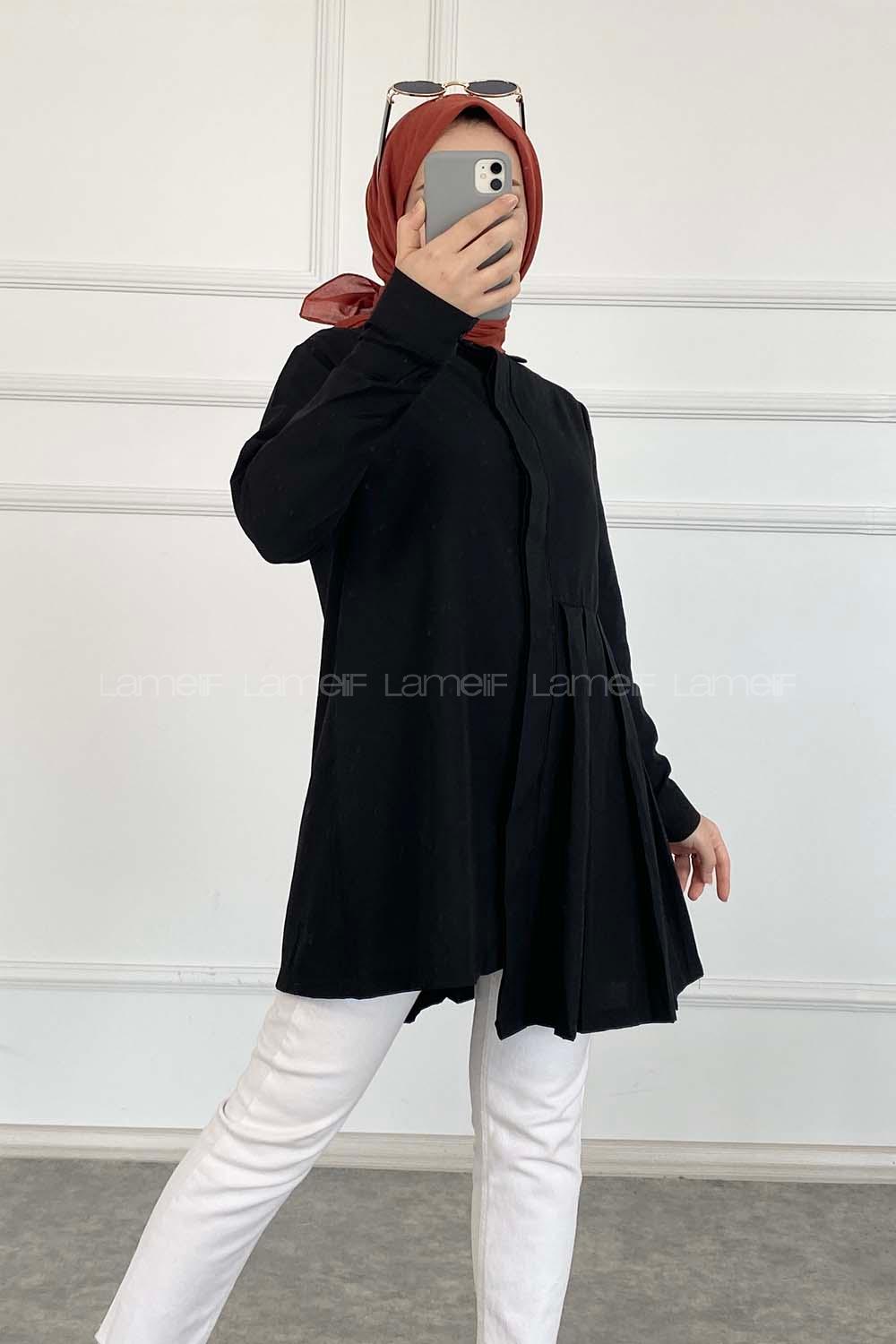 Modalamelif Önü Gizli Düğmeli Pileli Tunik Siyah