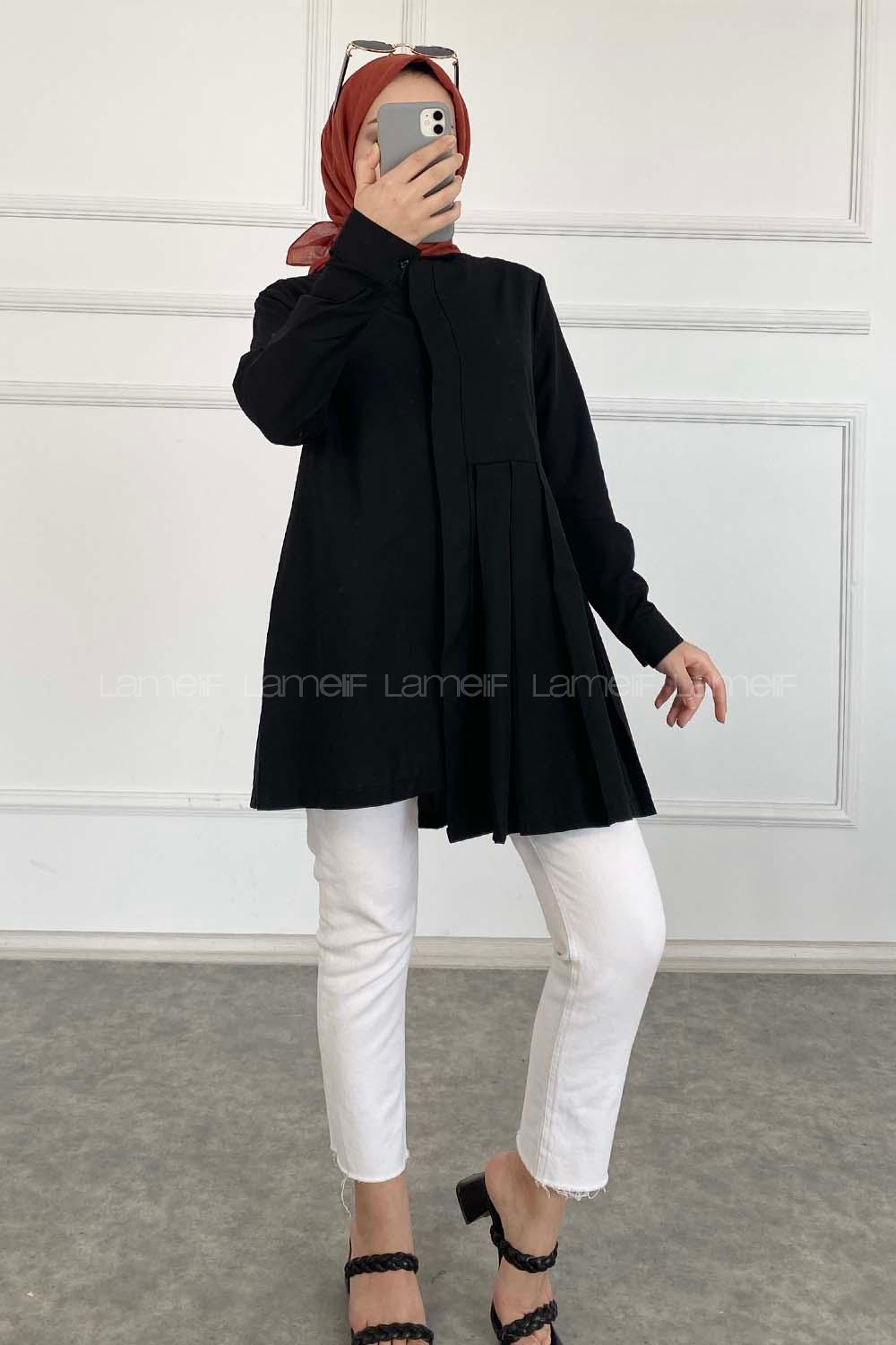 Modalamelif Önü Gizli Düğmeli Pileli Tunik Siyah