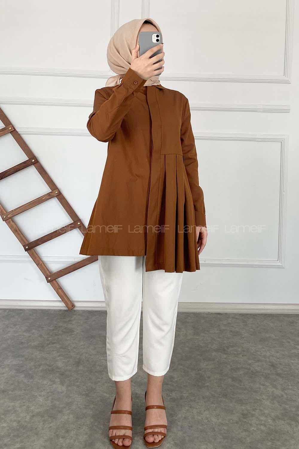 Modalamelif Önü Gizli Düğmeli Pileli Tunik Taba