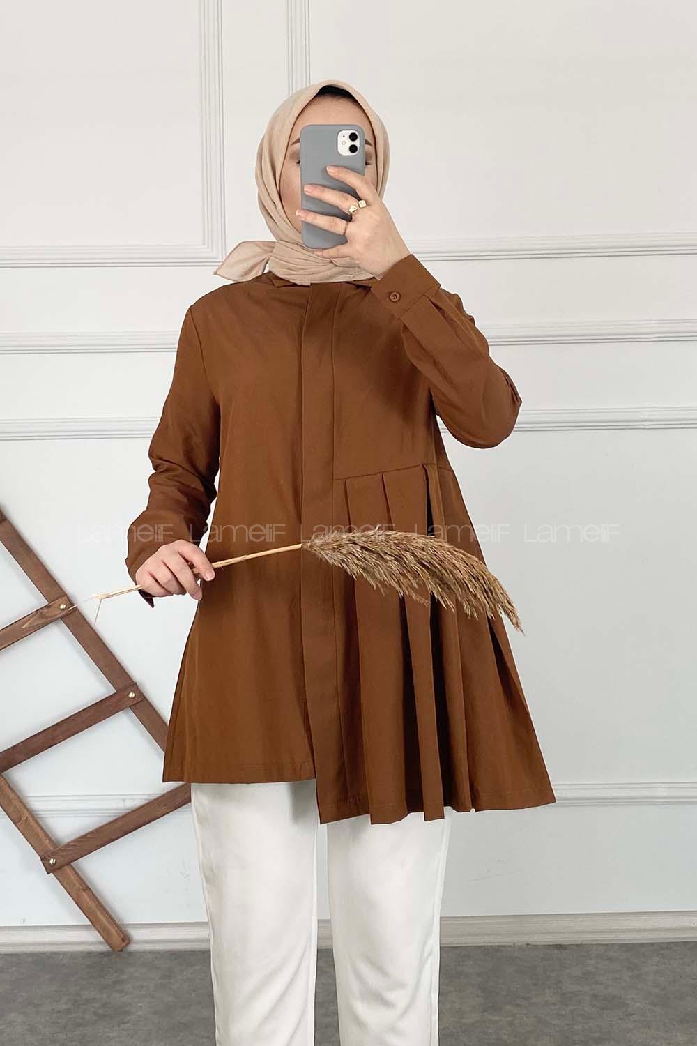 Modalamelif Önü Gizli Düğmeli Pileli Tunik Taba