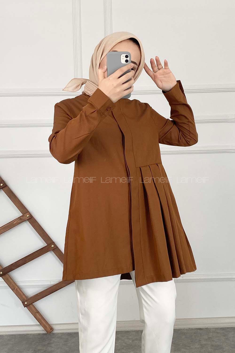 Modalamelif Önü Gizli Düğmeli Pileli Tunik Taba