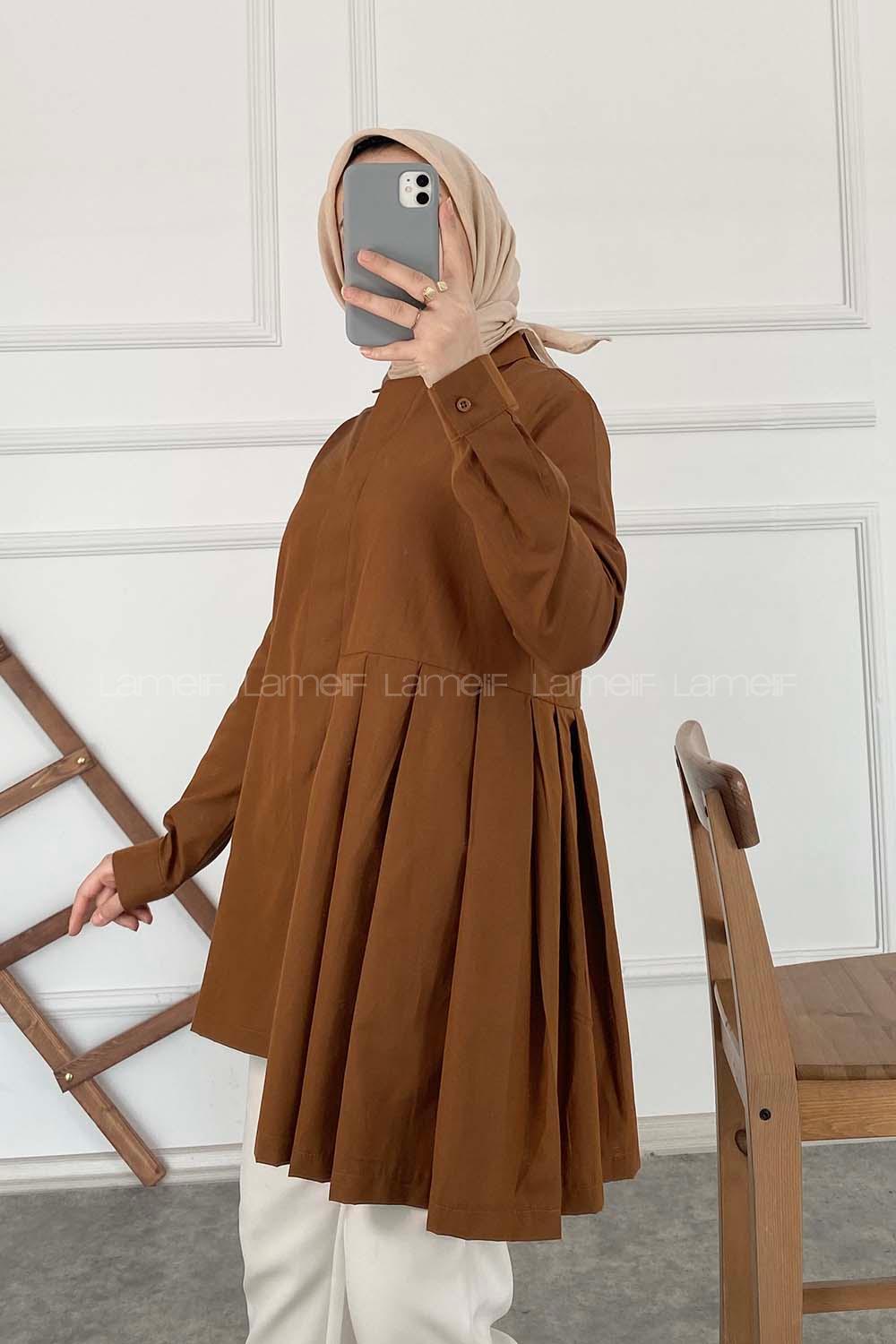 Modalamelif Önü Gizli Düğmeli Pileli Tunik Taba