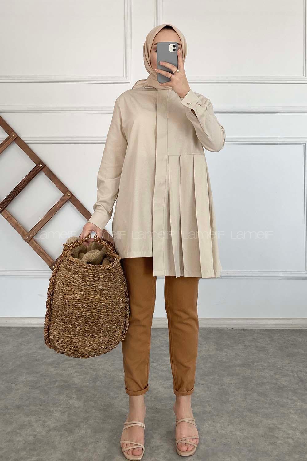 Modalamelif Önü Gizli Düğmeli Pileli Tunik Taş