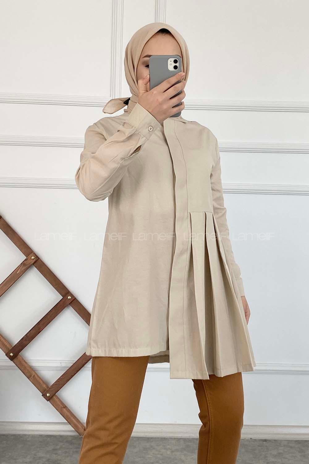 Modalamelif Önü Gizli Düğmeli Pileli Tunik Taş