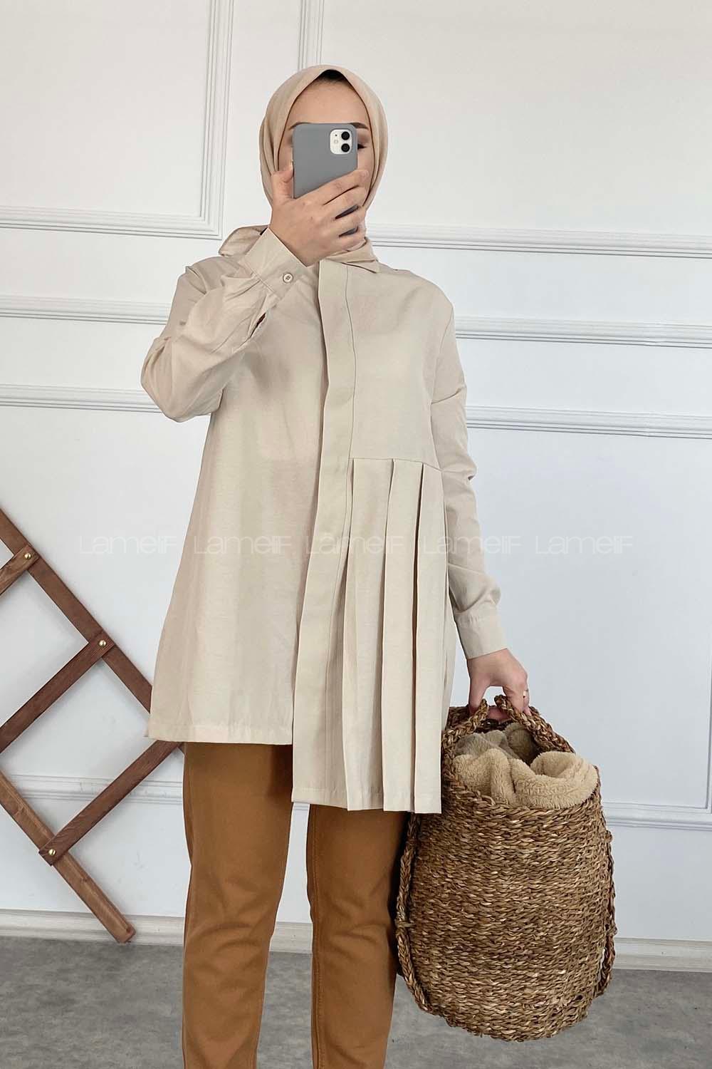 Modalamelif Önü Gizli Düğmeli Pileli Tunik Taş