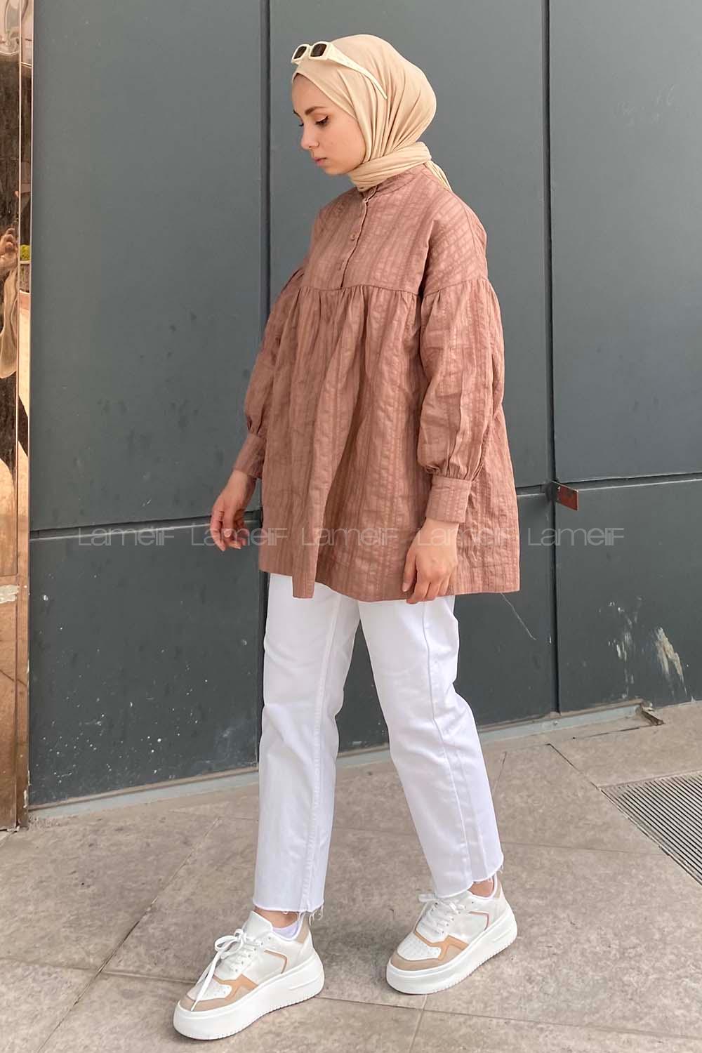 Modalamelif Önü Yarım Düğmeli HakimYaka Tunik Acı Kahve