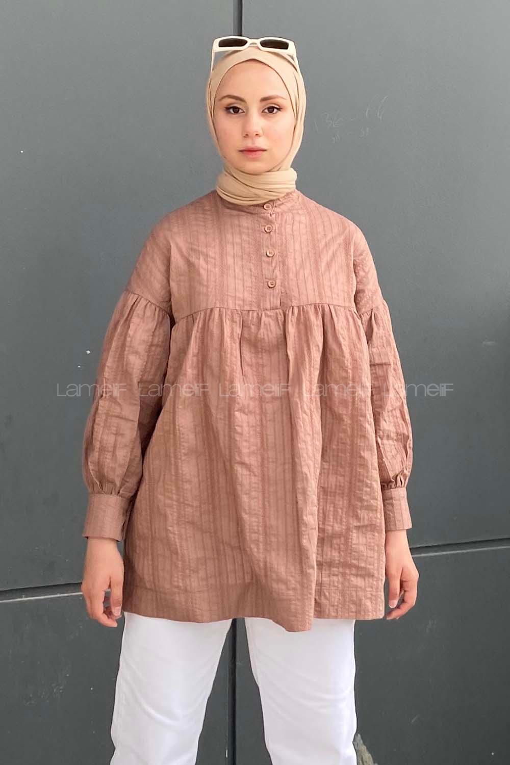 Modalamelif Önü Yarım Düğmeli HakimYaka Tunik Acı Kahve