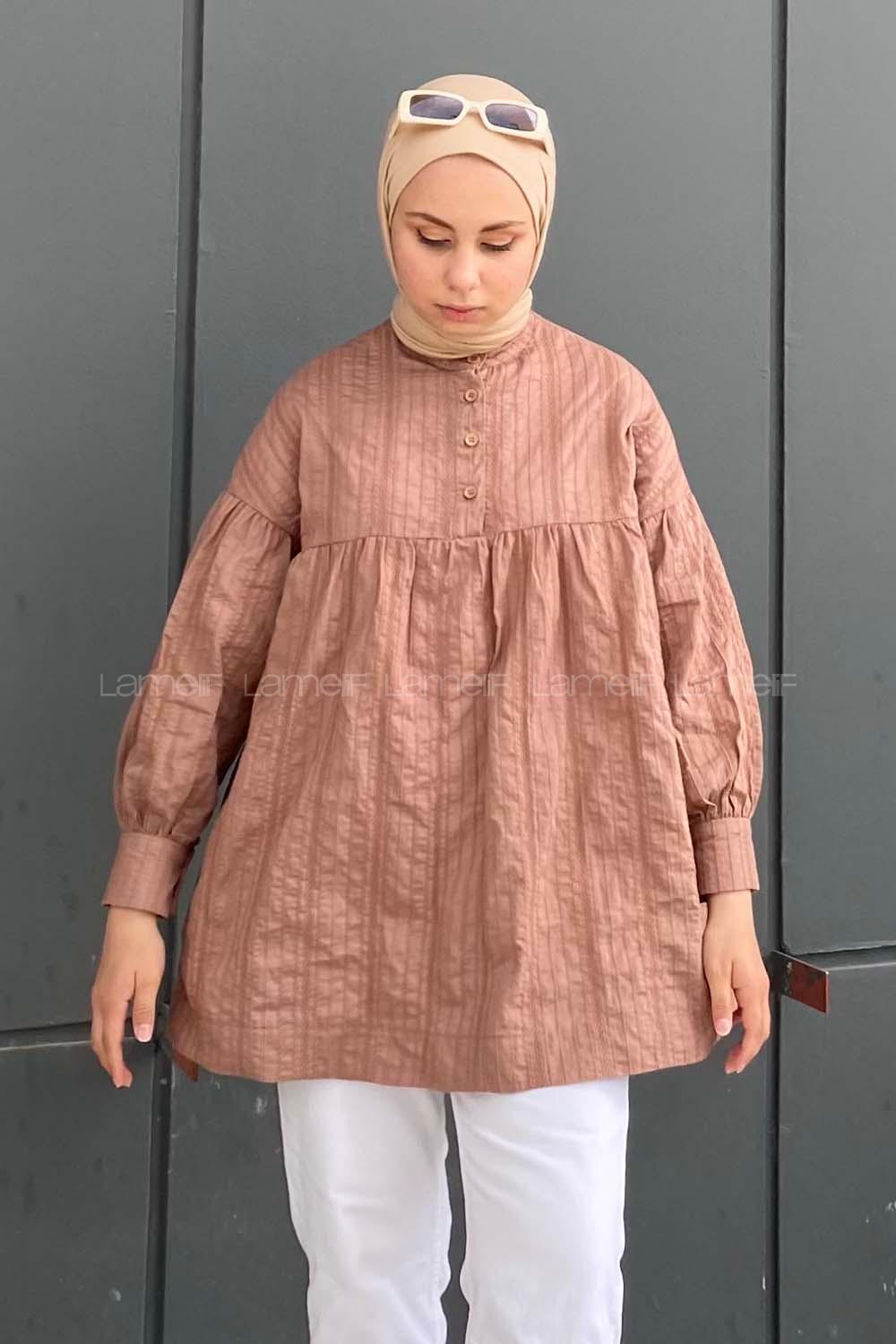 Modalamelif Önü Yarım Düğmeli HakimYaka Tunik Acı Kahve