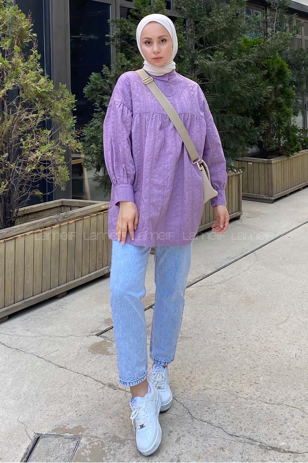 Modalamelif Önü Yarım Düğmeli HakimYaka Tunik Lila
