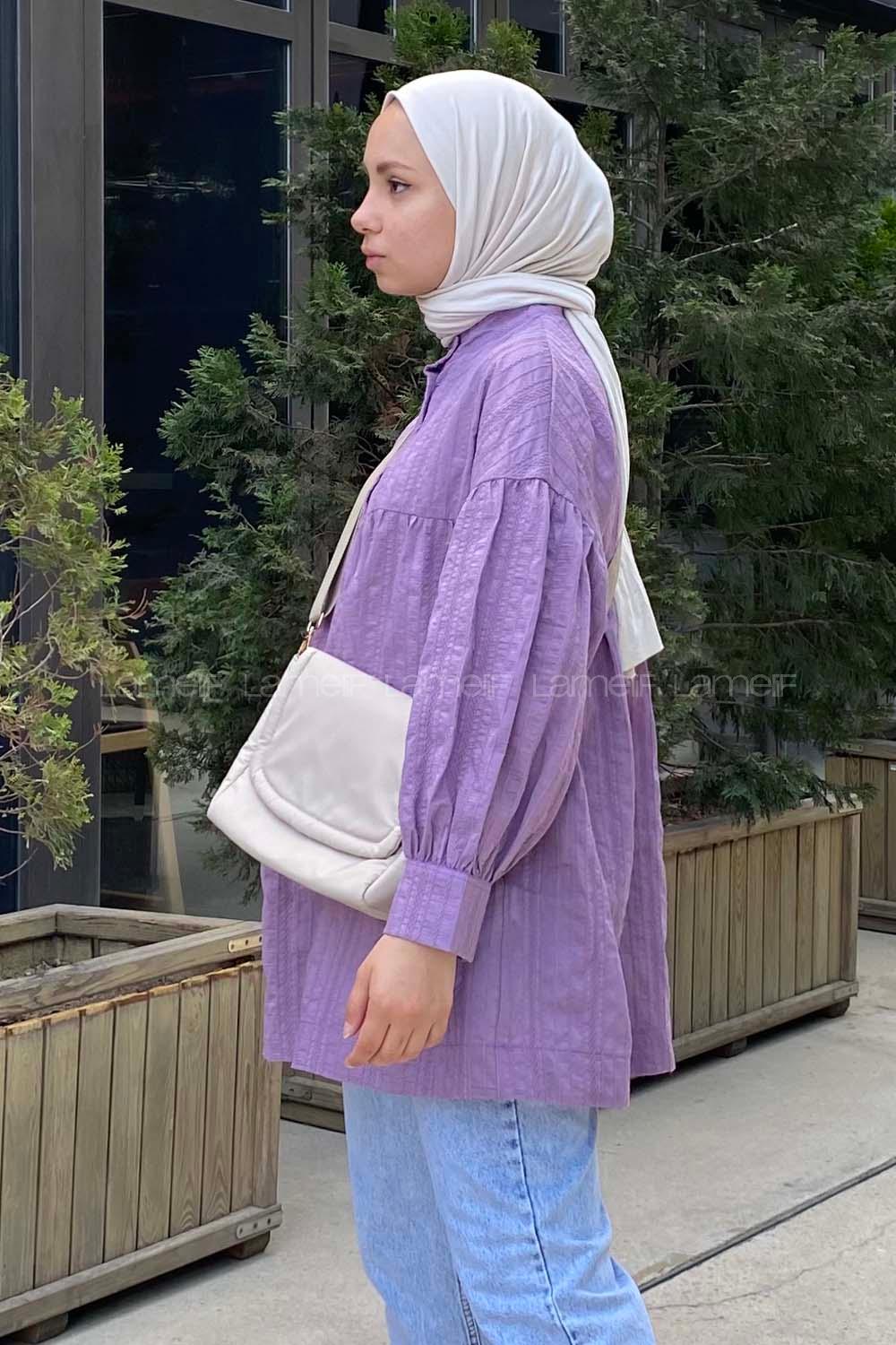 Modalamelif Önü Yarım Düğmeli HakimYaka Tunik Lila