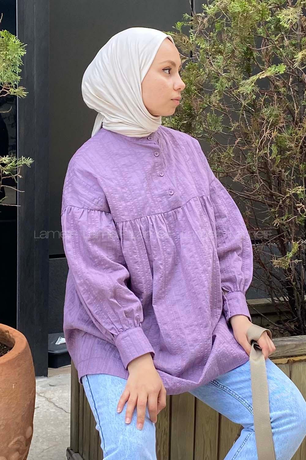 Modalamelif Önü Yarım Düğmeli HakimYaka Tunik Lila