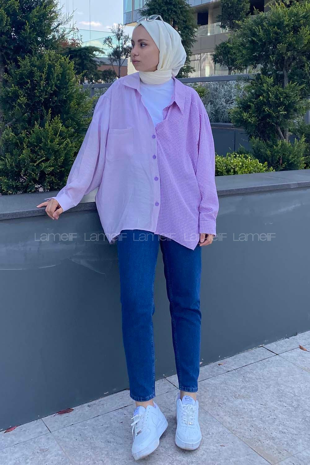 Modalamelif Oversize Ekose Gömlek Lila
