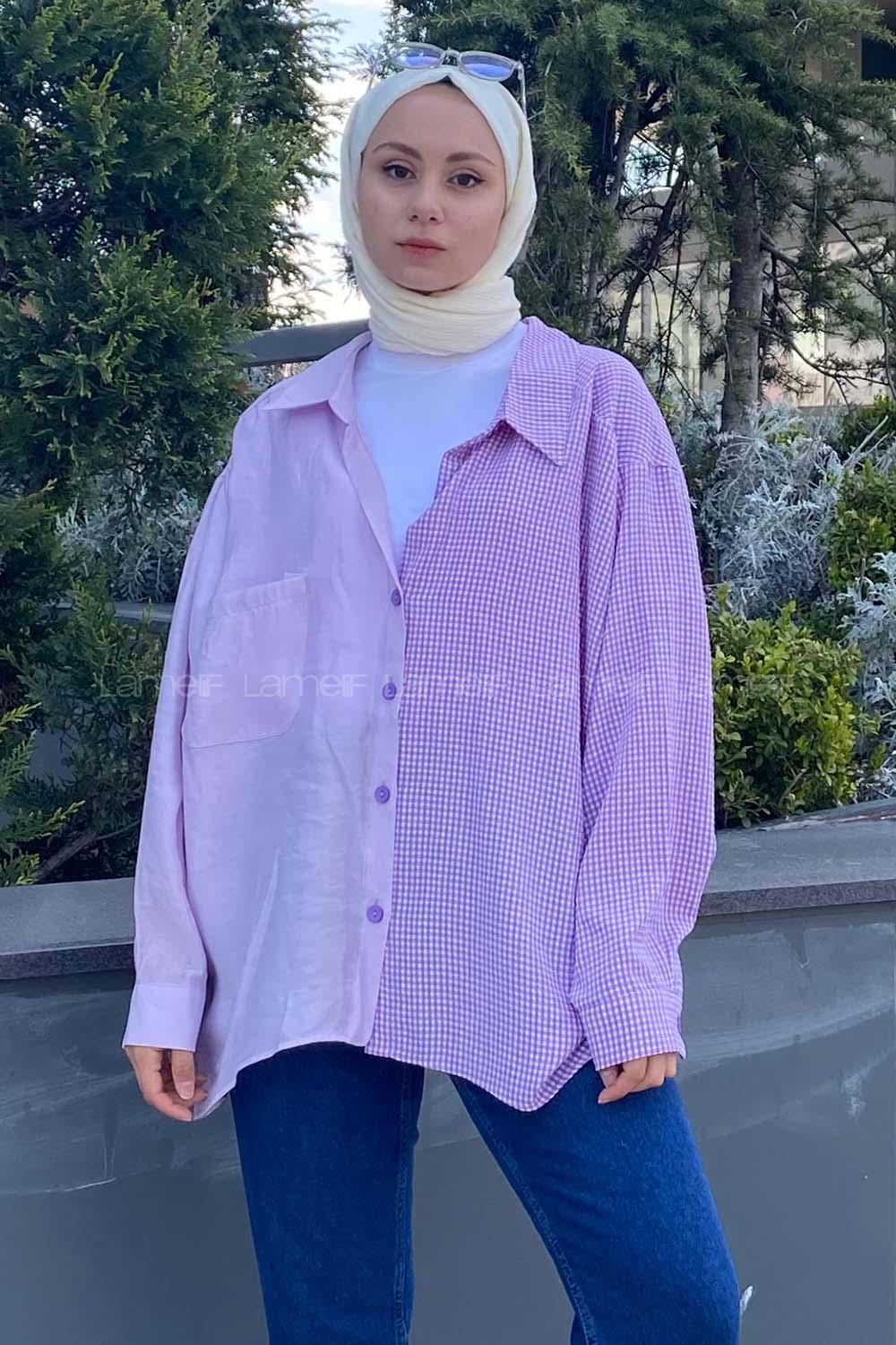 Modalamelif Oversize Ekose Gömlek Lila