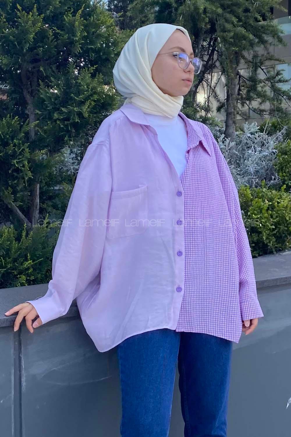 Modalamelif Oversize Ekose Gömlek Lila