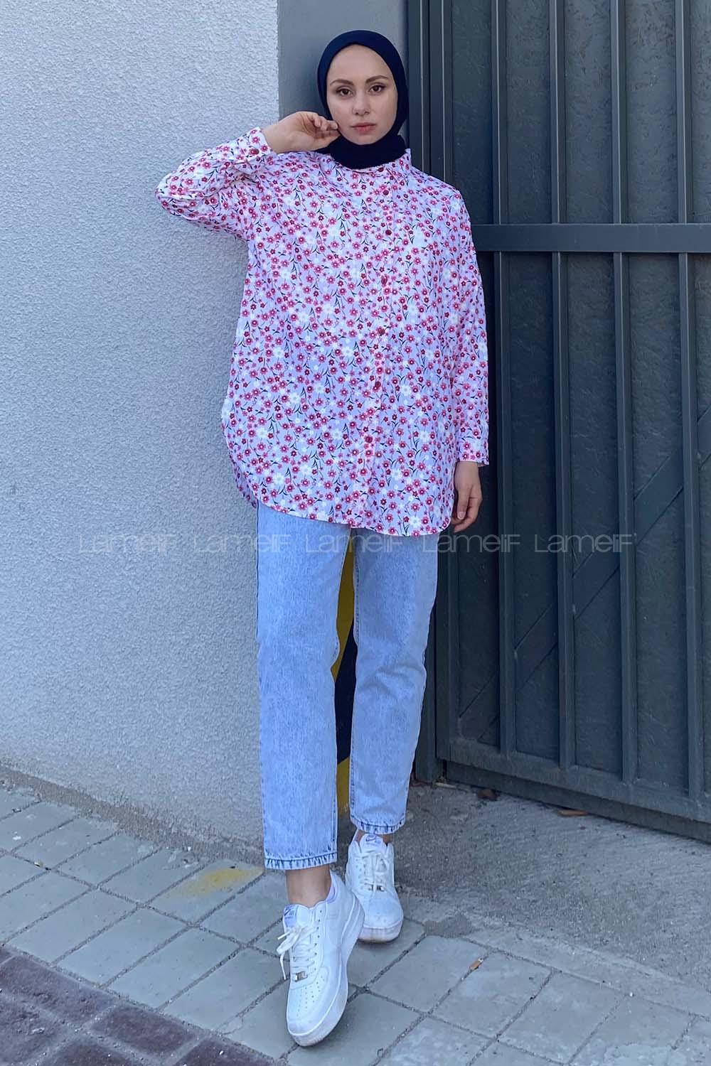 Modalamelif Papatya Desenli Salaş Gömlek Kırmızı