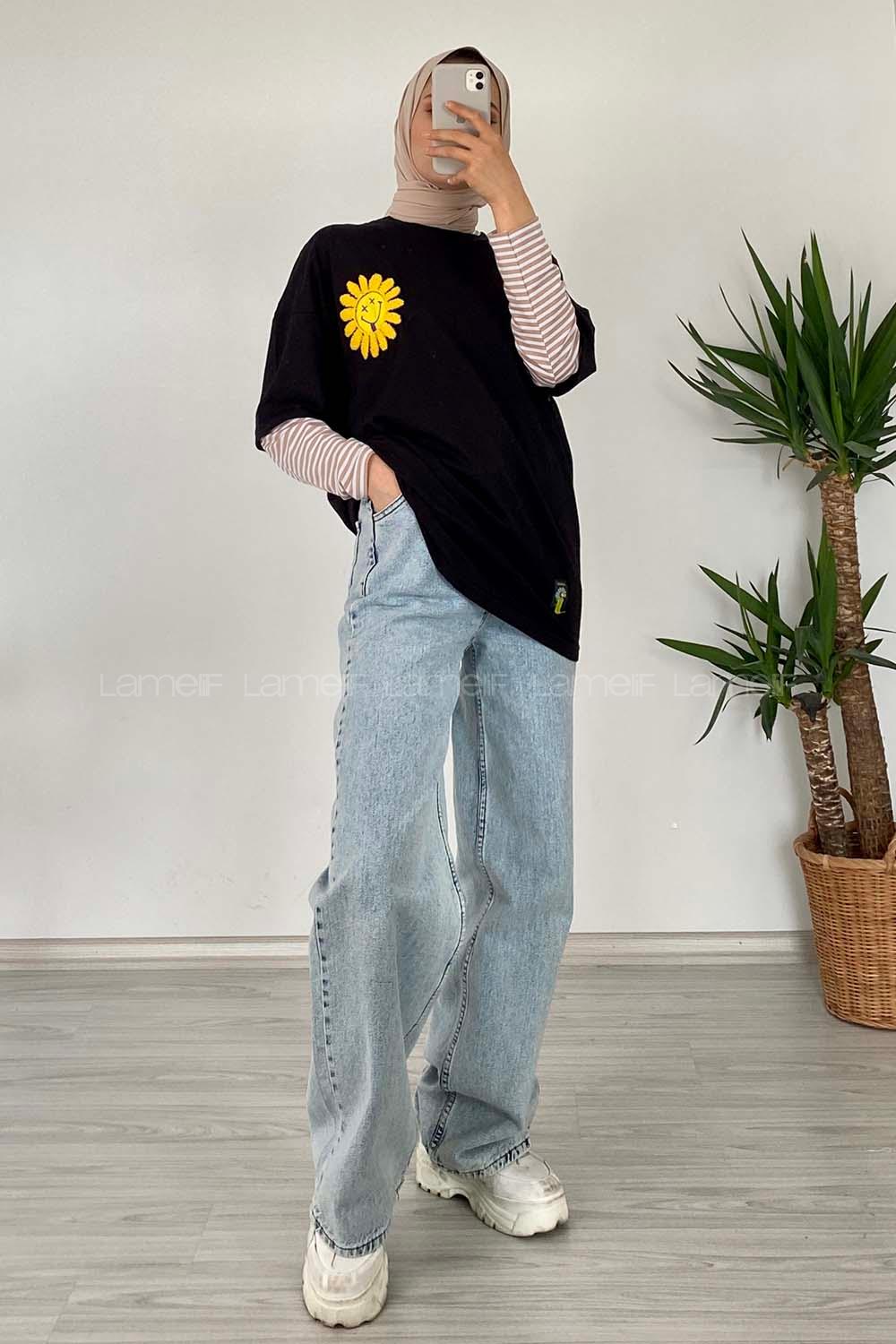 Modalamelif Papatya Nakışlı T-Shirt Siyah