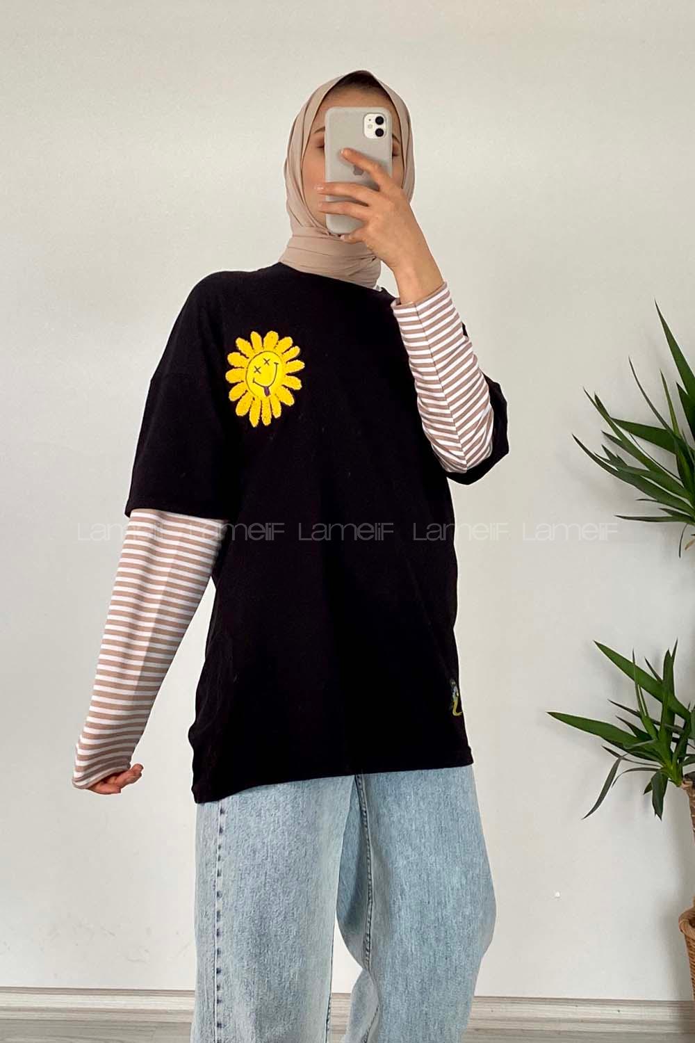 Modalamelif Papatya Nakışlı T-Shirt Siyah