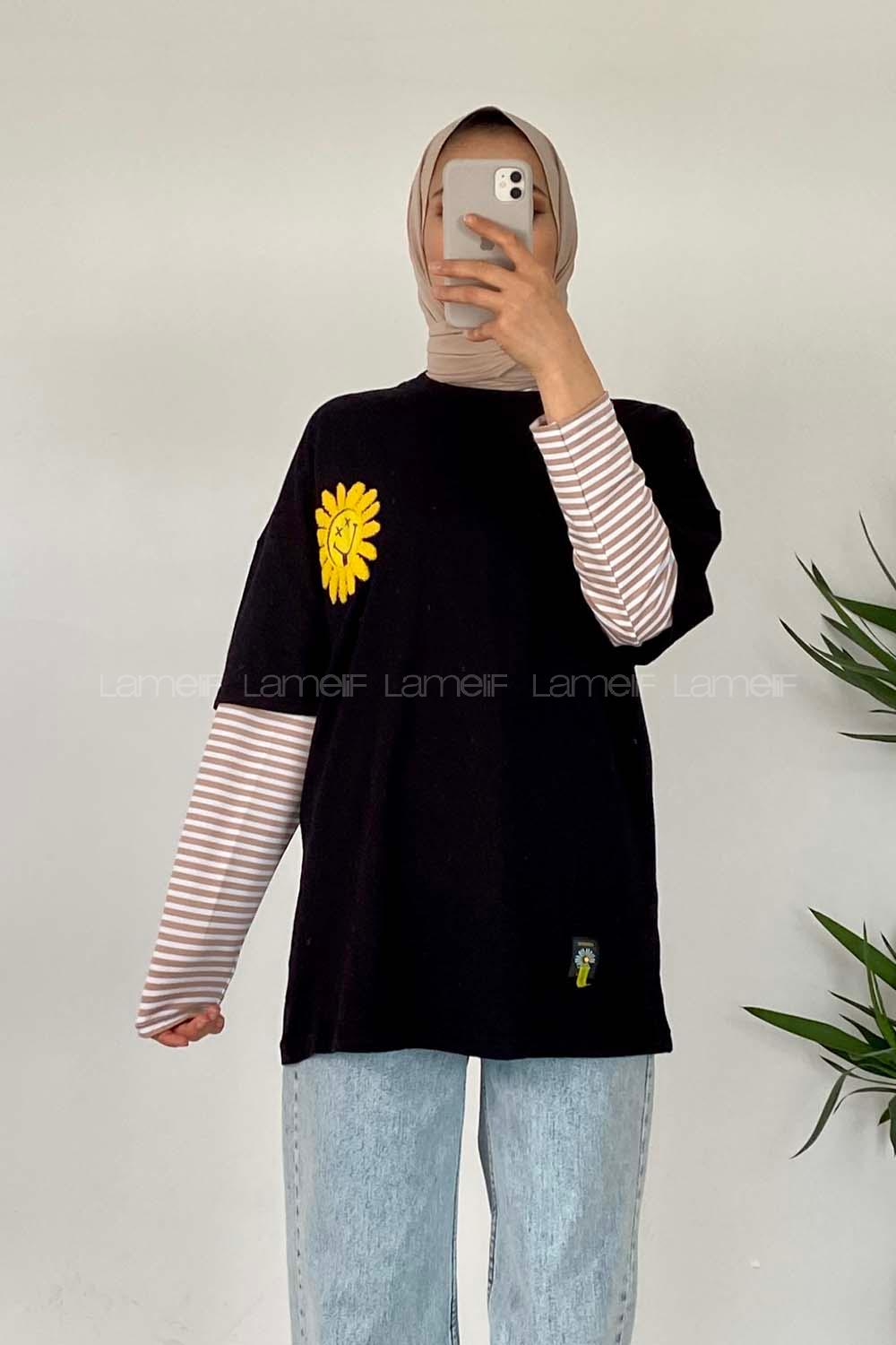 Modalamelif Papatya Nakışlı T-Shirt Siyah