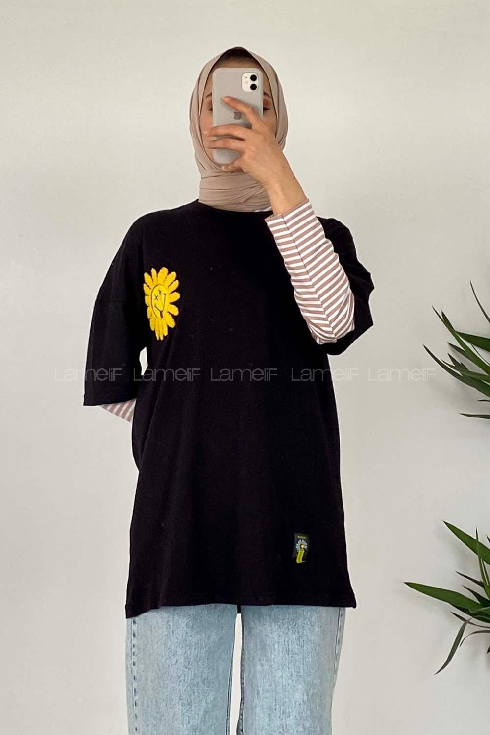 Modalamelif Papatya Nakışlı T-Shirt Siyah