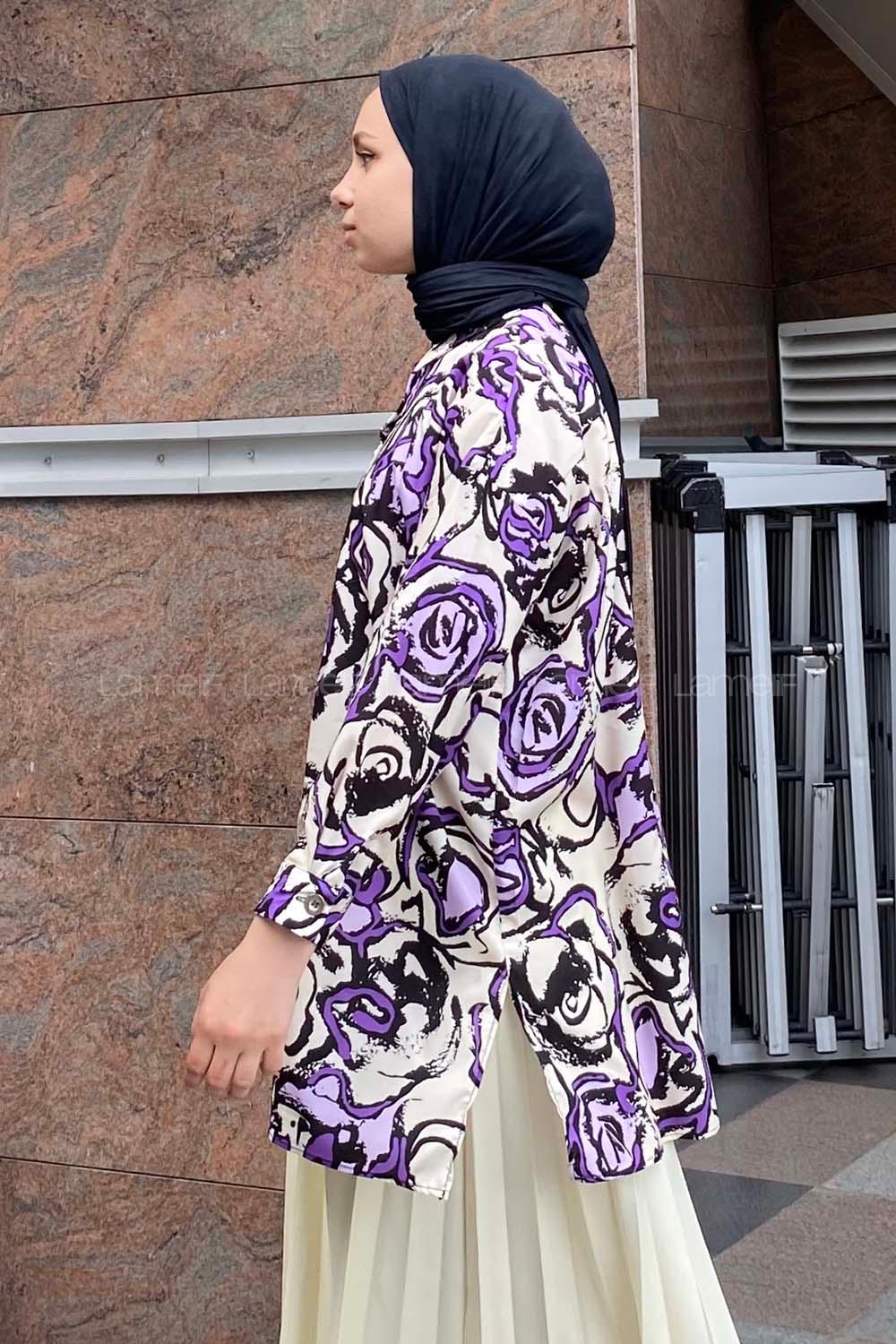 Modalamelif Soyut  Desen Dijital Baskı Gömlek Mor