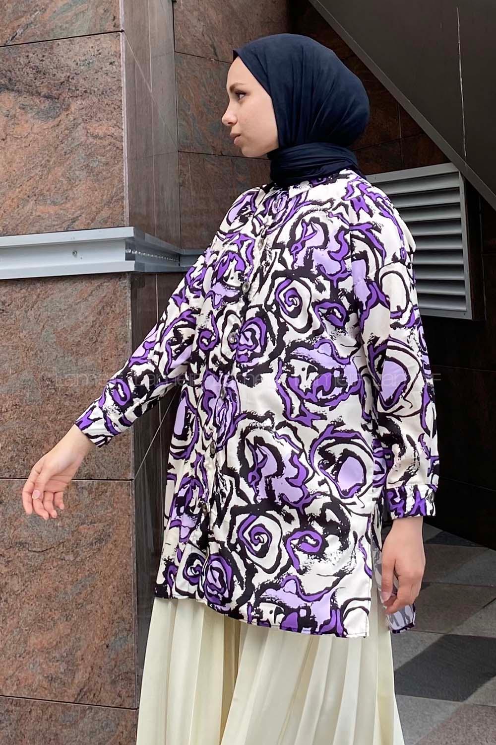 Modalamelif Soyut  Desen Dijital Baskı Gömlek Mor